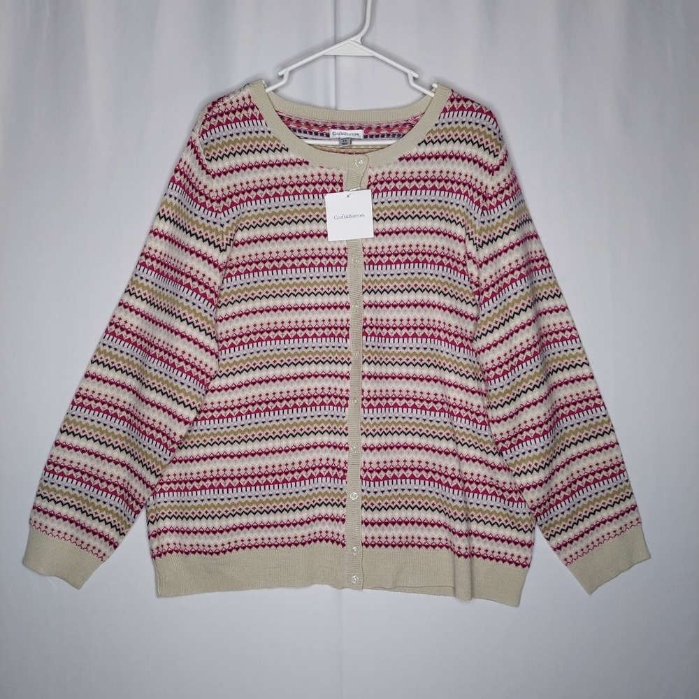Croft Barrow Fair Isle Cardigan Women 1X Knit Tan Red Stripe Button Long Sleeve